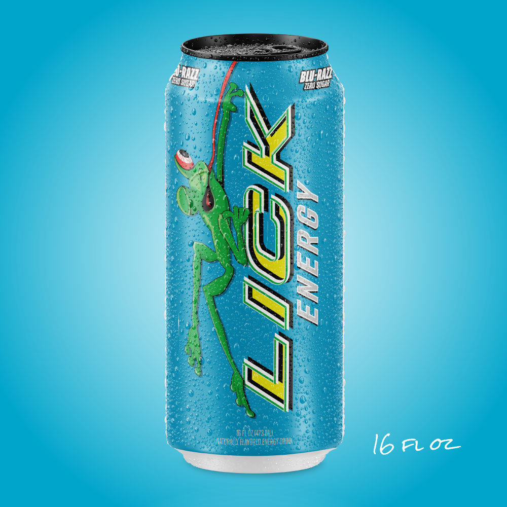Lick Energy Drink Blu-Razz 16oz can with a green frog graphic on an orange background