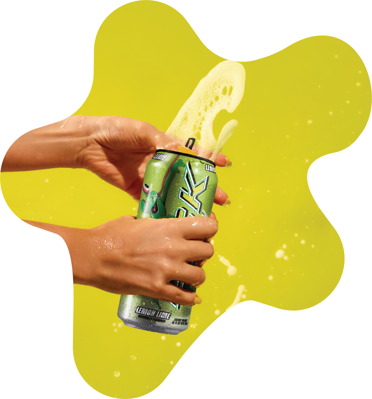 Hand holding a can of LICK Lemon Lime on a yellow background