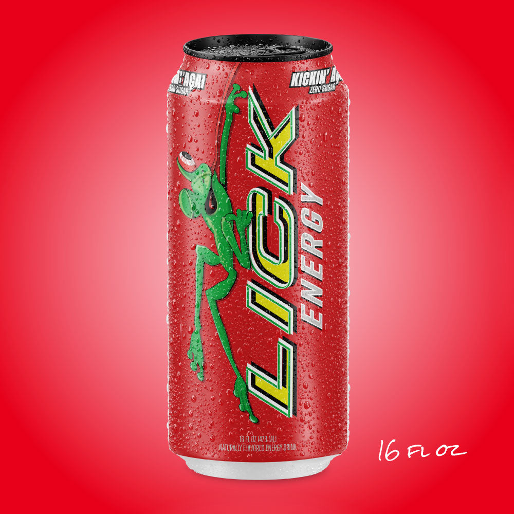 Kickin Acai 16oz Lick energy drink can with green frog graphic on a red background