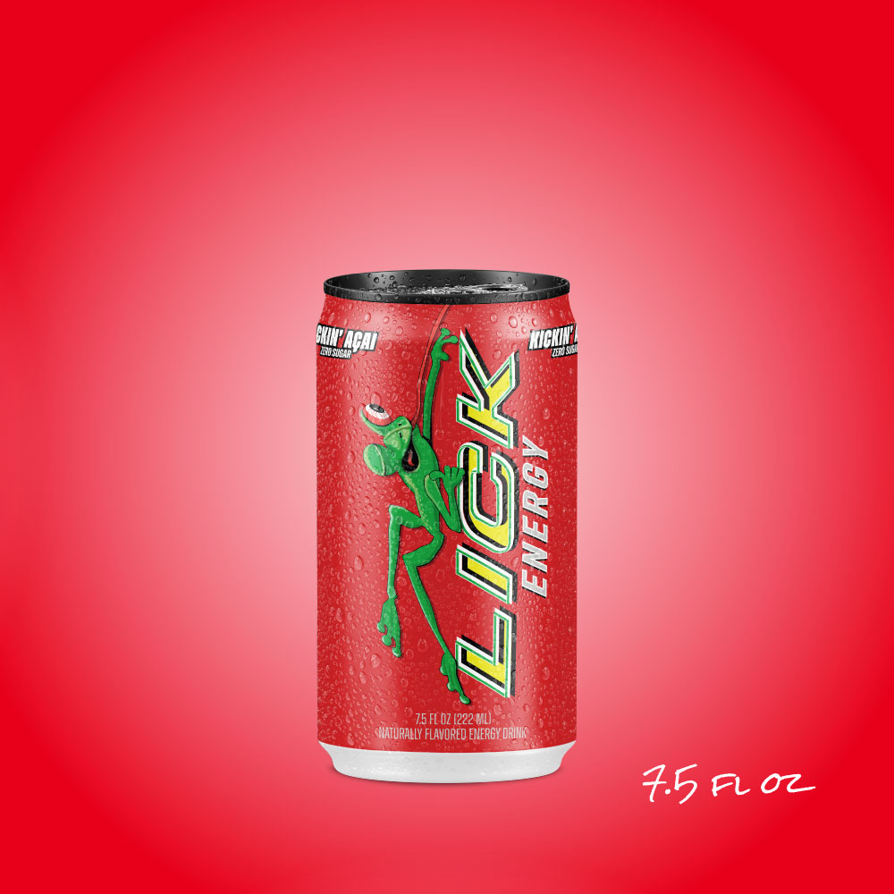 Kickin Acai 7.5oz Lick energy drink can with green frog graphic on a red background