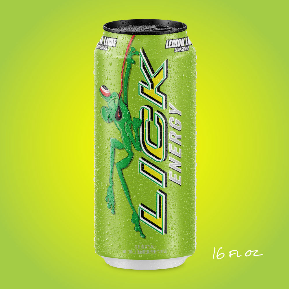 LICK Energy Lemon Lime 16oz energy drink can on a yellow background