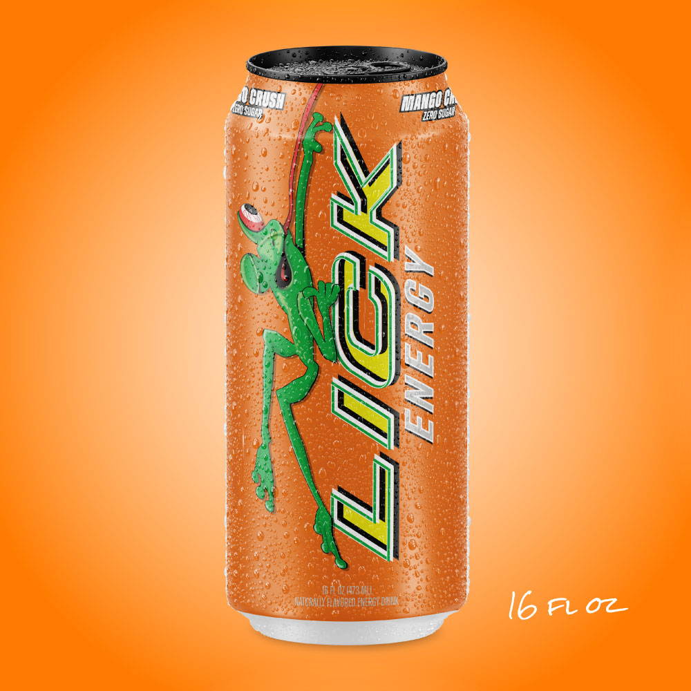 Lick Energy Drink Mango Crush 16oz can with a green frog graphic on an orange background