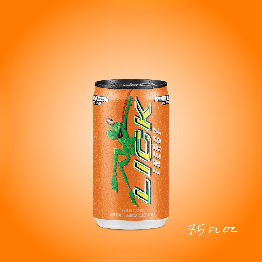 Lick Energy Drink Mango Crush 7.5oz can with a green frog graphic on an orange background