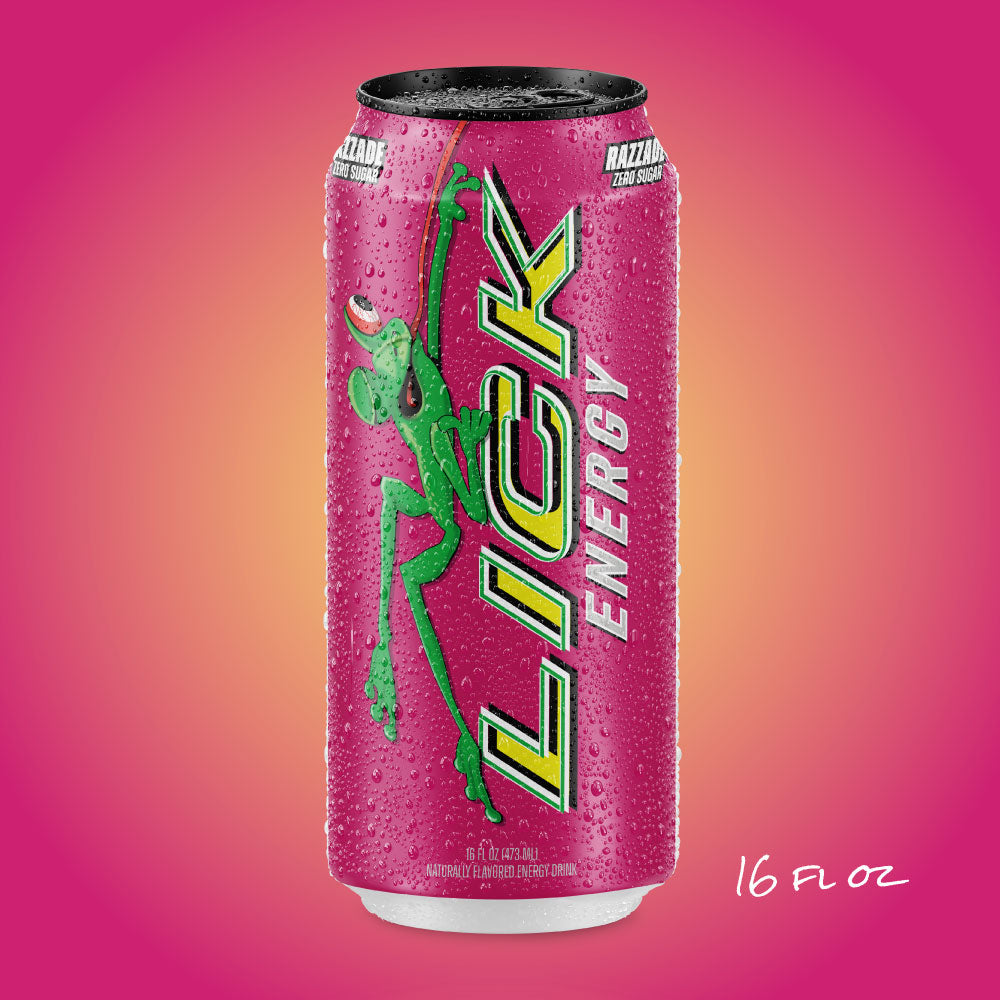 Lick Energy Razzade 16oz drink can with a colorful gradient background