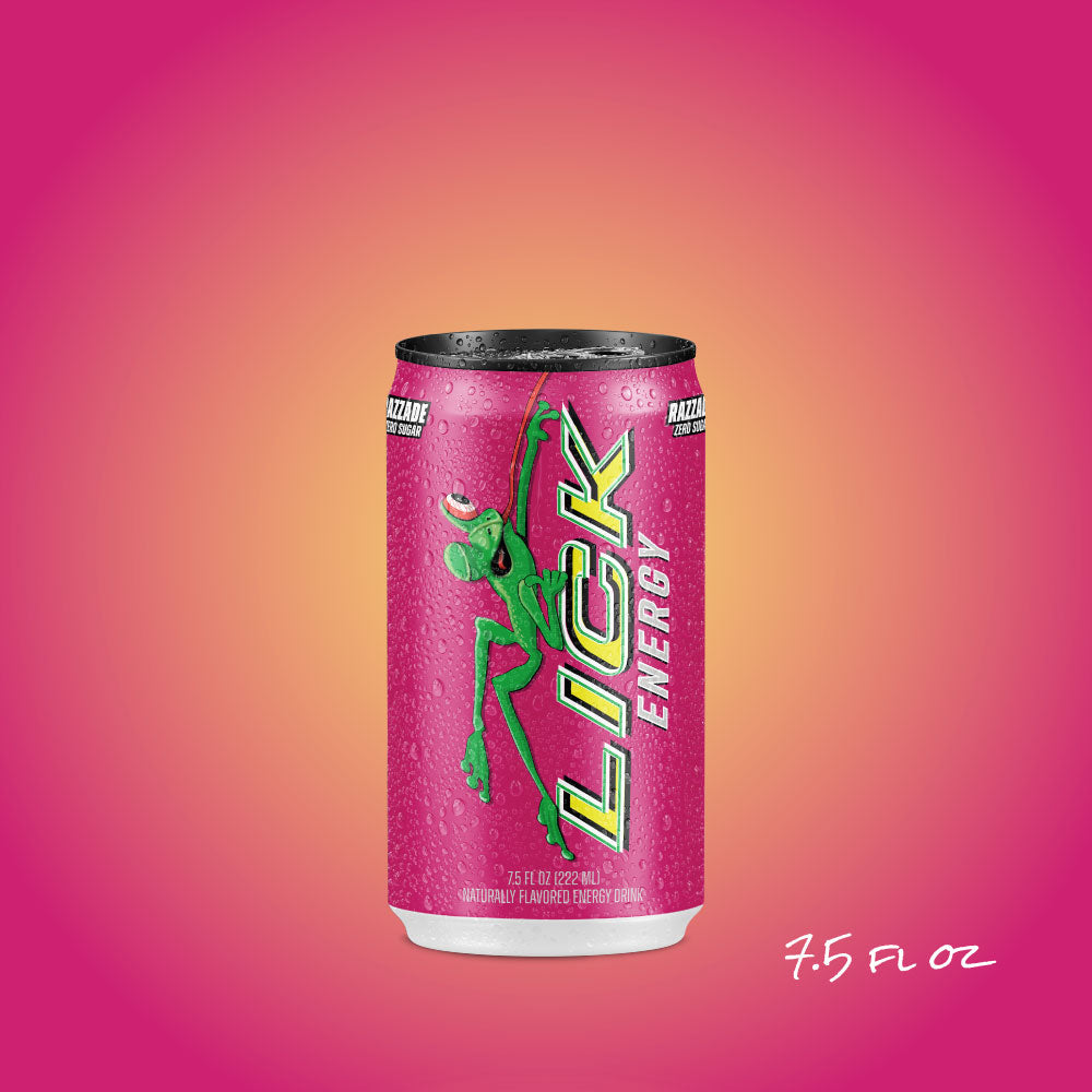 Lick Energy Razzade 7.5oz drink can with a colorful gradient background