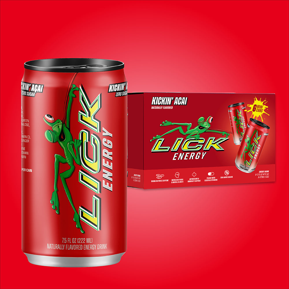 Lick Energy Kickin' Acai 7.5oz drink can and packaging on a red background