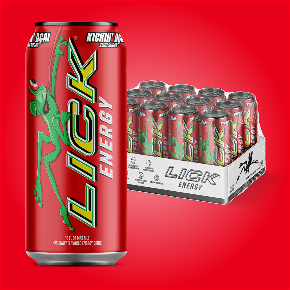 Kickin Acai 16oz energy drink cans with green frog graphic and 'Lick Energy' branding.