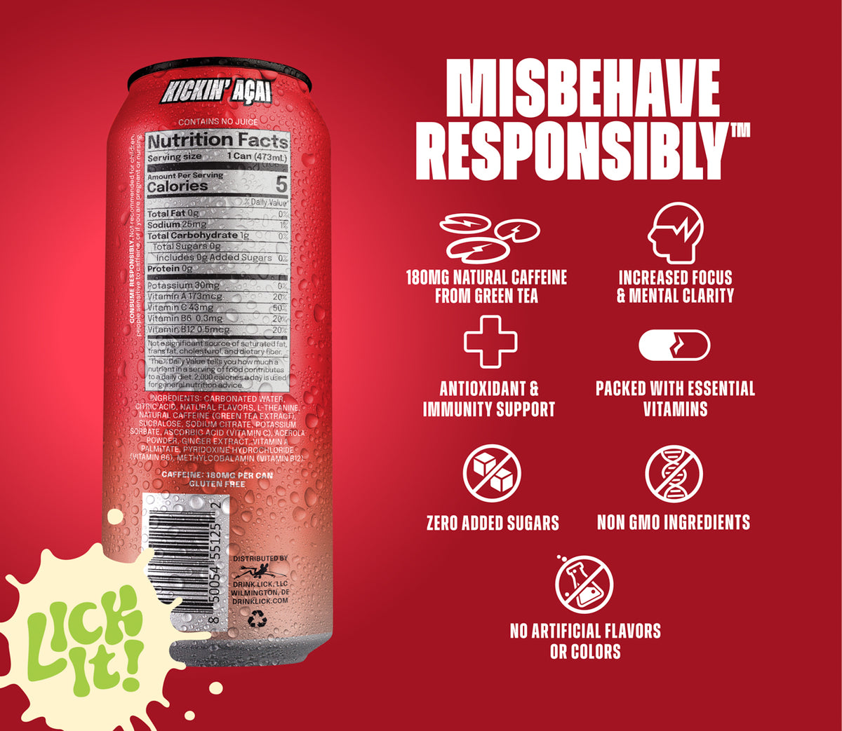 Kickin Acai 16oz energy drink can with nutritional information and health benefits on a red background