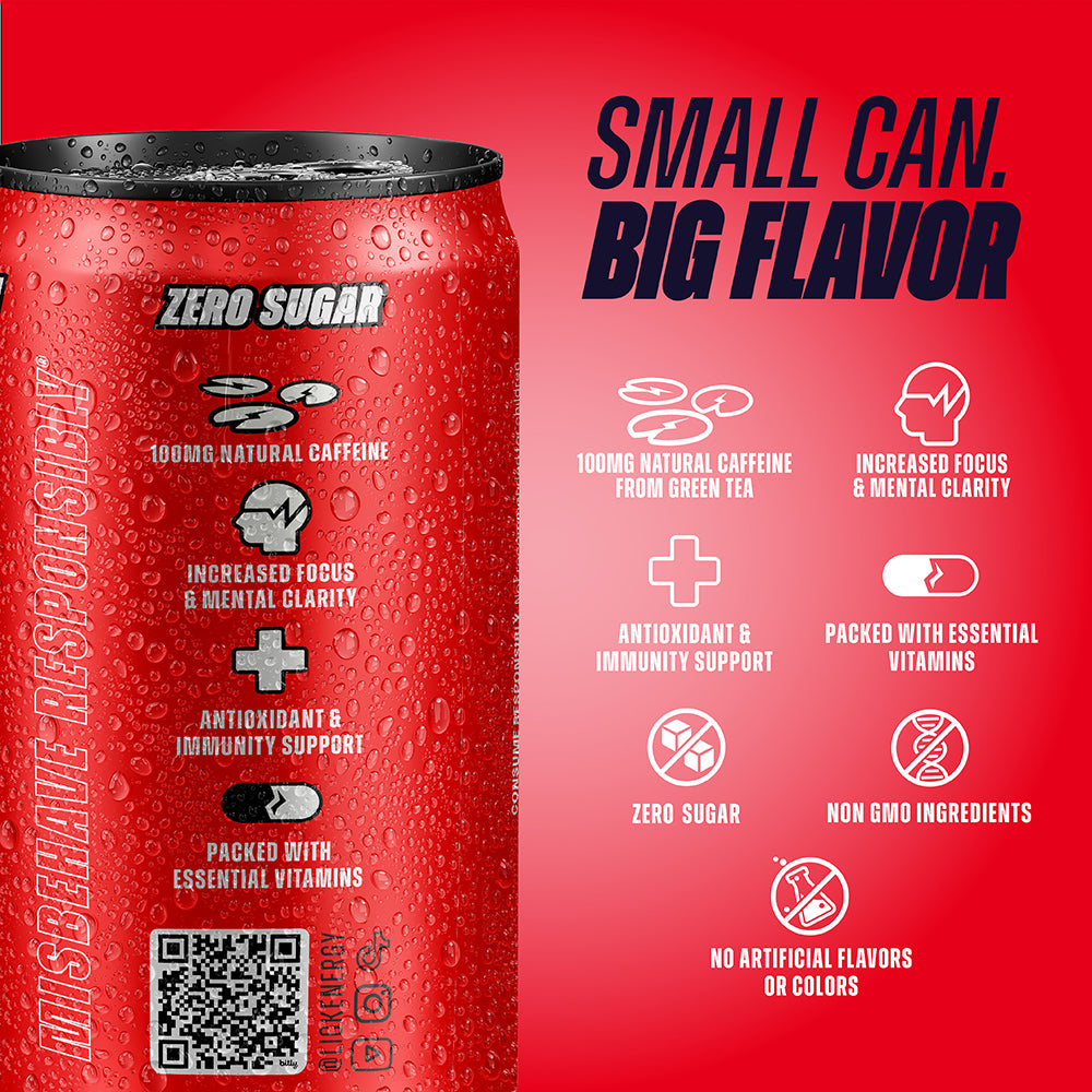 Kickin' Acai 7.5oz energy drink can with nutritional information and health benefits on a red background