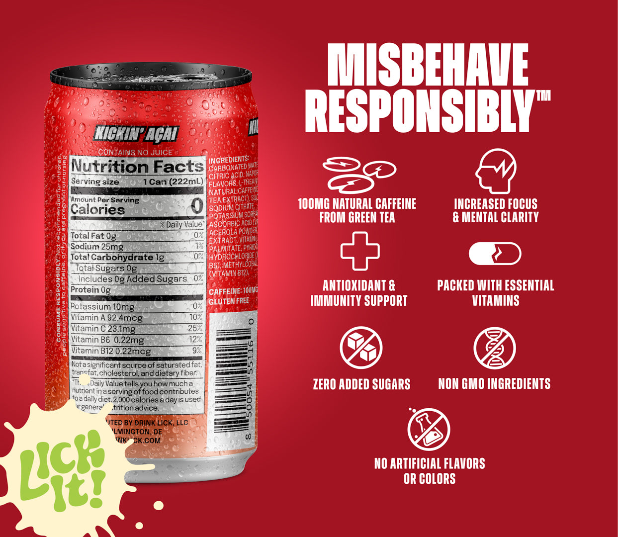 Kickin Acai 7.5oz energy drink can with nutritional information and health benefits on a red background