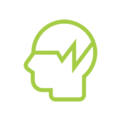 Green outline of a head with a lightning bolt on a white background