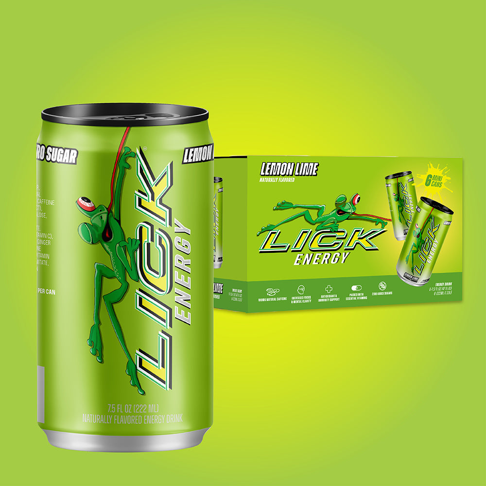 Lick Energy Lemon Lime 7.5oz drink can and packaging on a green background
