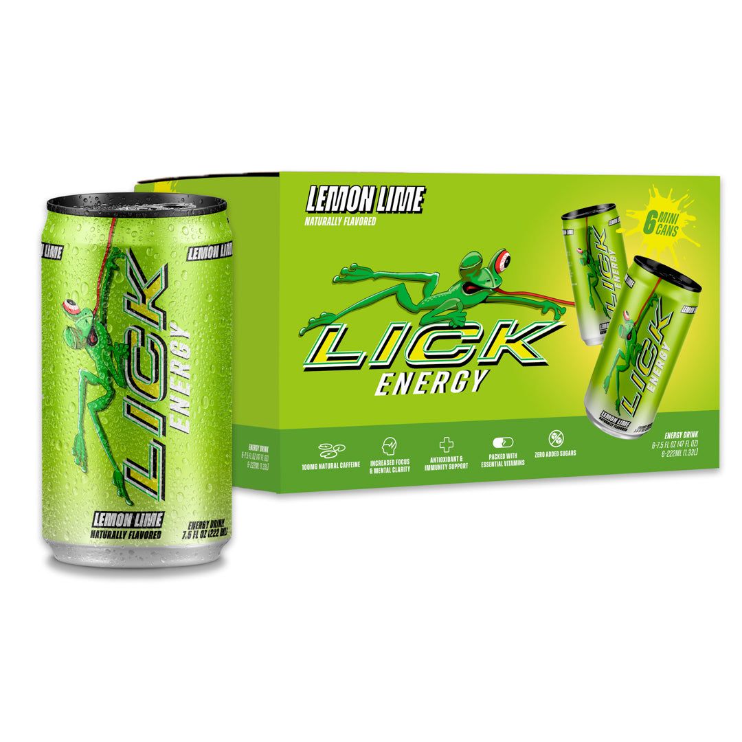 Lick Energy Lemon Lime 7.5oz drink can and packaging on a white background