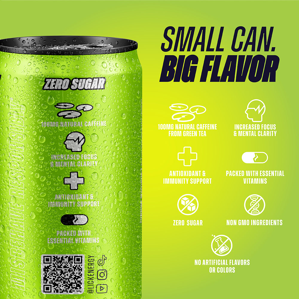 LICK Lemon Lime 7.5oz energy drink can with nutritional information and health benefits on a green background