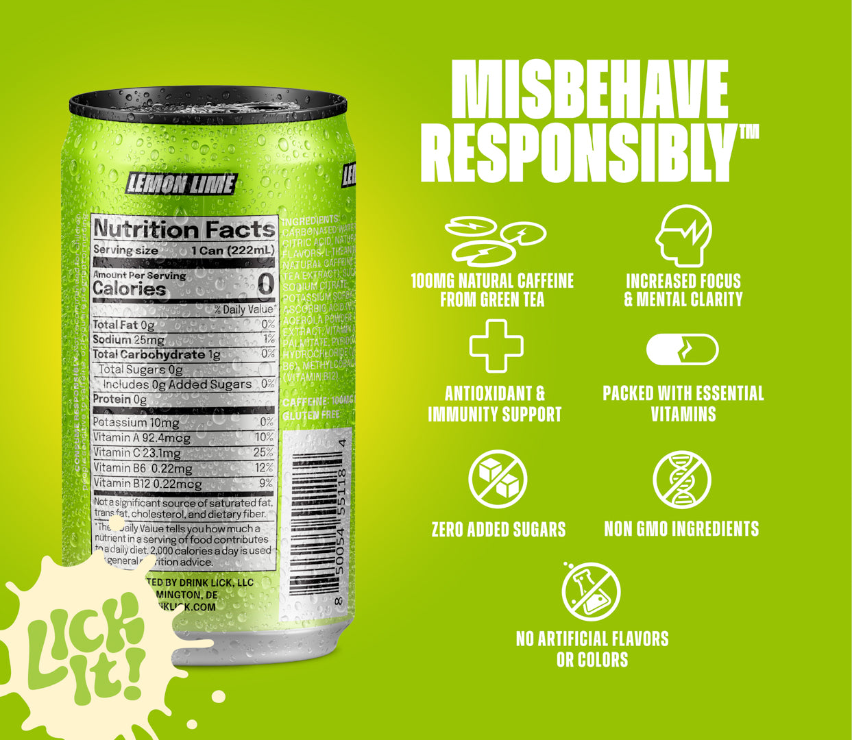 LICK Lemon Lime 7.5oz energy drink can with nutritional information and health benefits on a green background