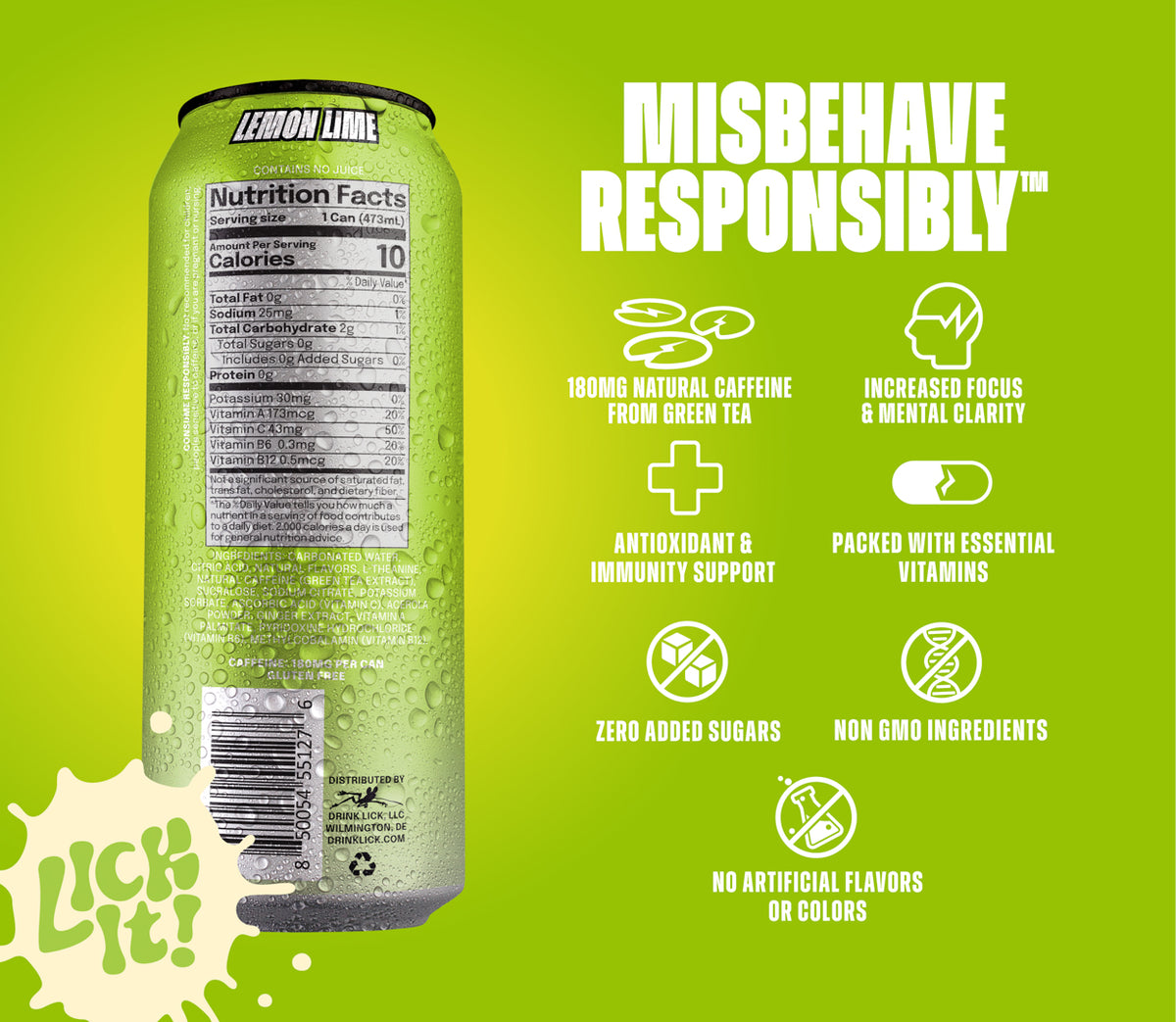 LICK Lemon Lime 16oz energy drink can with nutritional facts and health benefits on a green background