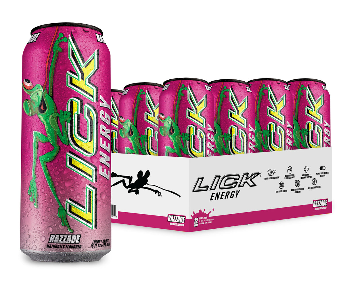 Lick Energy Razzade 1 drink can with green frog graphic and packaging in the background.