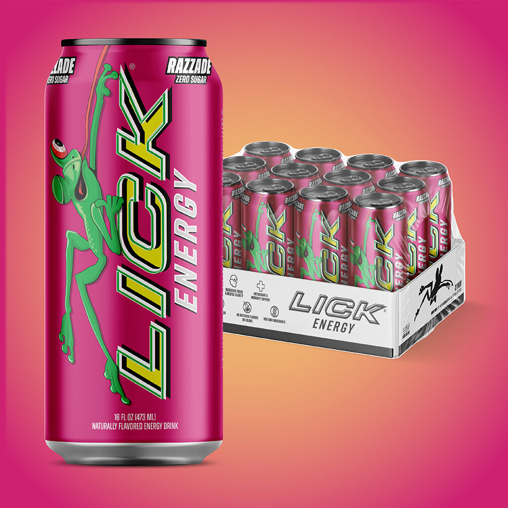 Razzade 'Lick Energy' 16oz drink can with green frog graphic and packaging in the background.