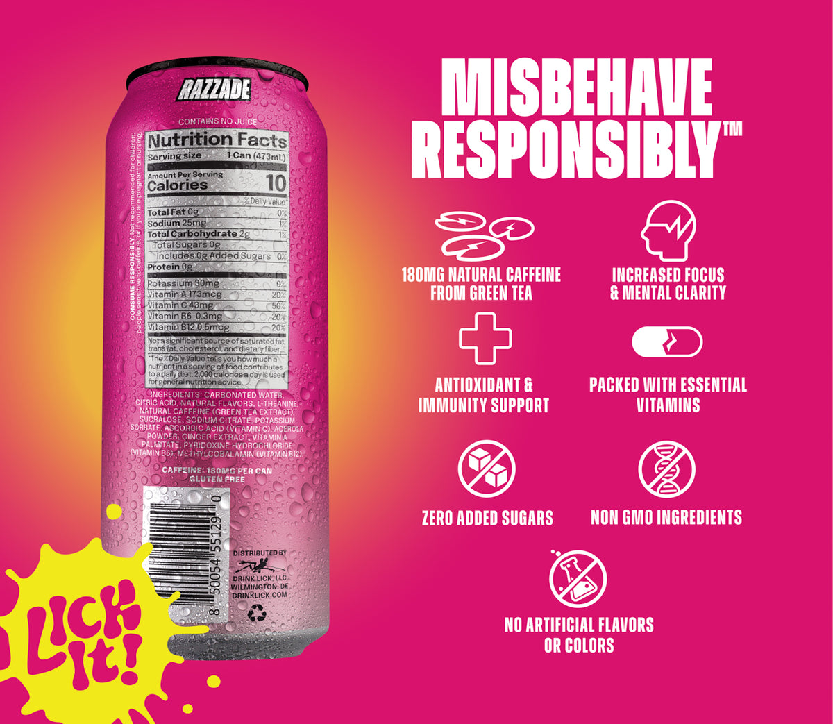 Razzade 1 16oz can with nutrition facts label and 'Misbehave Responsibly' text on a pink background