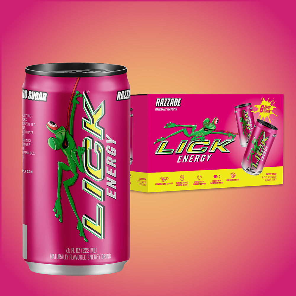 Razzade 7.5oz energy drink can with green frog logo and 'Lick Energy' branding on a pink box.
