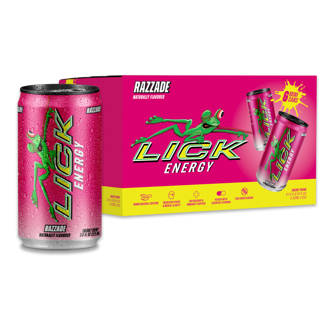Razzade 7.5oz energy drink can with green frog logo and 'Lick Energy' branding on a pink box.