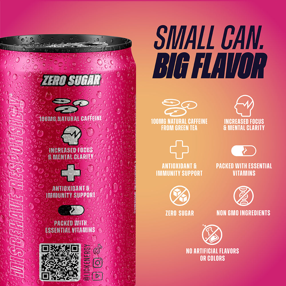 Can of Razzade 7.5oz energy drink with nutritional information and health benefits on a pink background