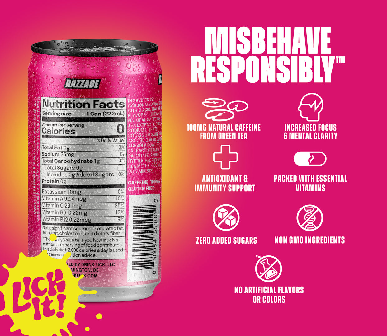 Can of Razzade 7.5oz energy drink with nutritional information and health benefits on a pink background
