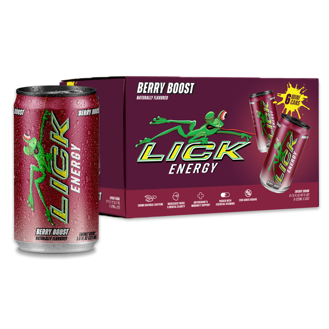 LICK Energy Berry Boost 7.5oz drink can and packaging on a white background