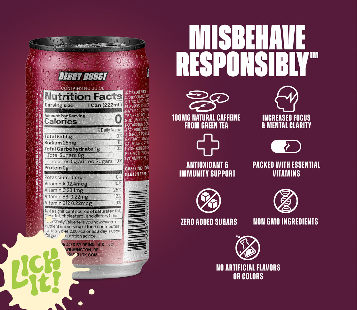 Berry Boost 7.5oz energy drink can with nutritional information and health benefits on a purple background