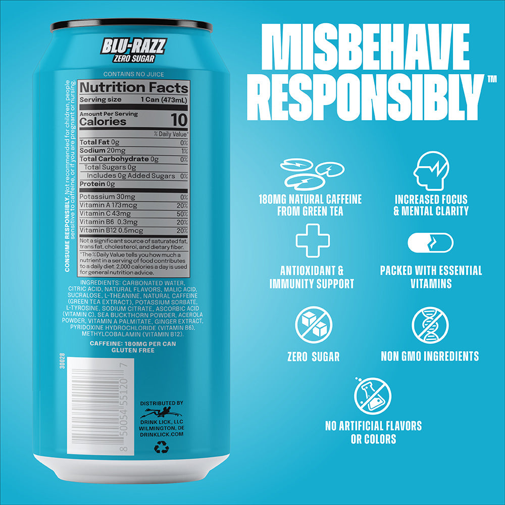 Blu-Razz 16oz energy drink can with nutritional information and health benefits on a blue background