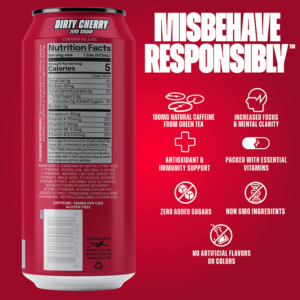 Dirty Cherry 1 16oz energy drink can with nutritional information and health benefits on a red background