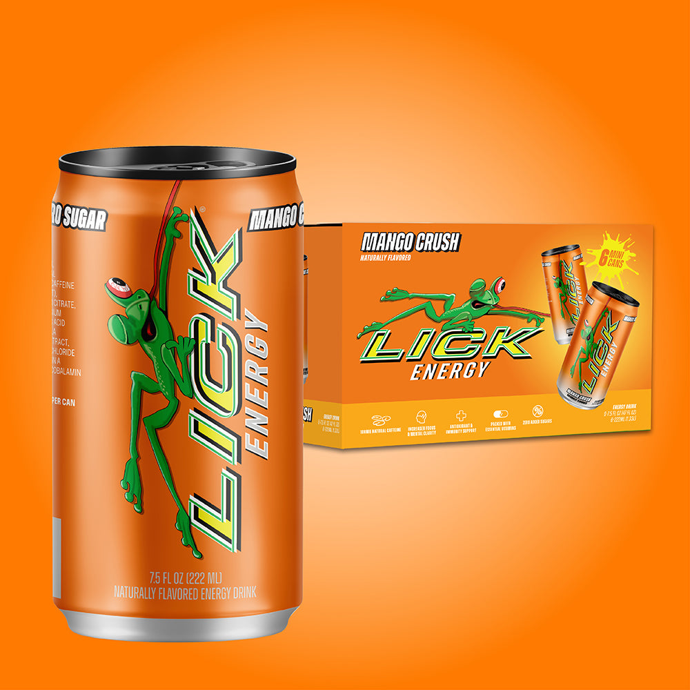 LICK Energy Mango Crush 7.5oz Drink can and packaging with mango crush flavor on an orange background