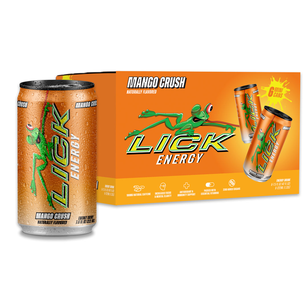 LICK Energy Mango Crush 7.5oz Drink can and packaging with mango crush flavor on a white background