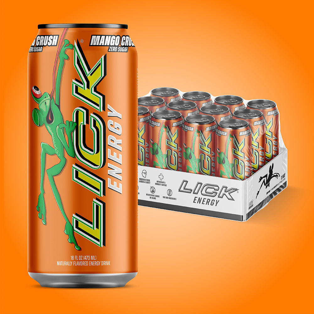 Lick Energy Mango Crush 1 16oz Drink can with packaging on a white background