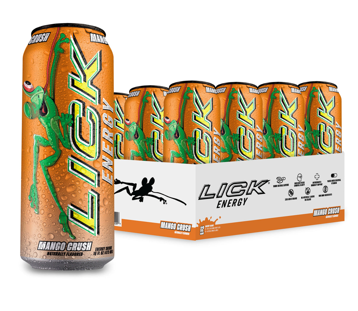 Lick Energy Mango Crush 1 16oz Drink can with packaging on a white background
