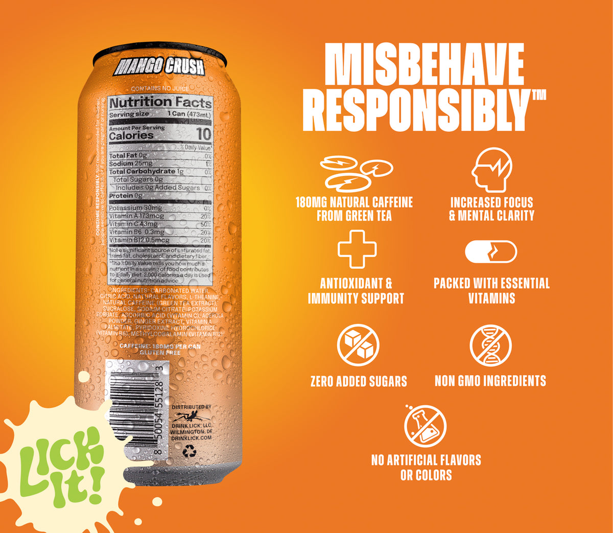 Orange can of Mango Crush 1 16oz with nutritional facts and health benefits on an orange background