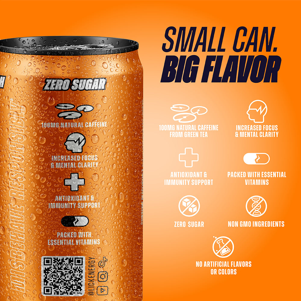 Mango Crush 7.5oz energy drink can with nutritional information on an orange background, featuring 'Misbehave Responsibly' text and Lich It! branding.