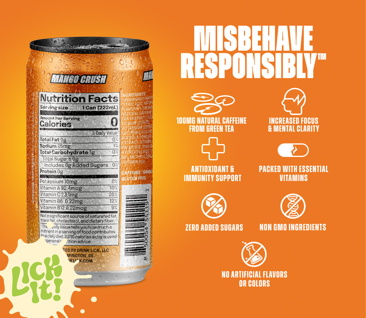 Mango Crush 7.5oz energy drink can with nutritional information on an orange background, featuring 'Misbehave Responsibly' text and Lich It! branding.