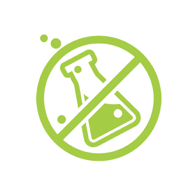 Green icon with a crossed-out test tube and beaker symbolizing no animal testing.