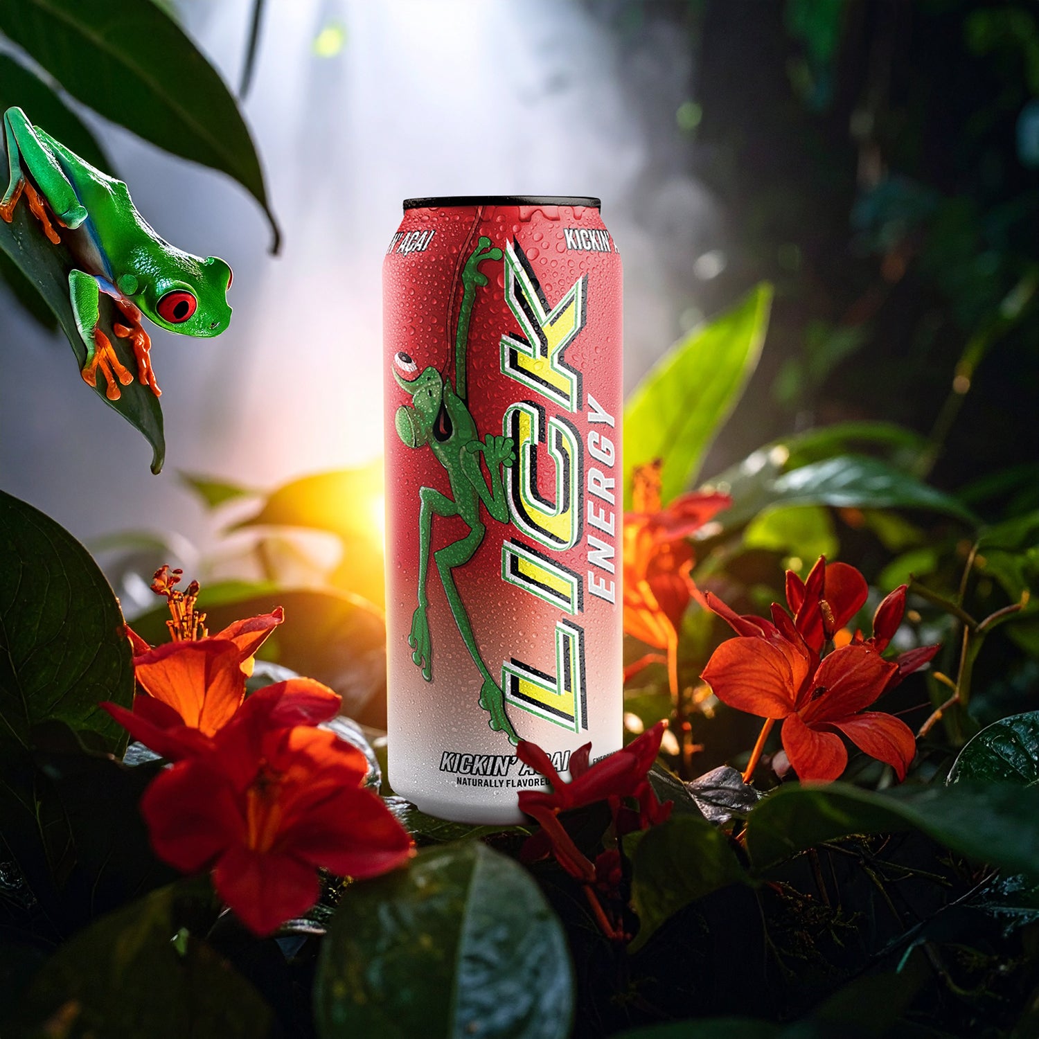 Lick Energy drink can with a frog graphic in a jungle setting